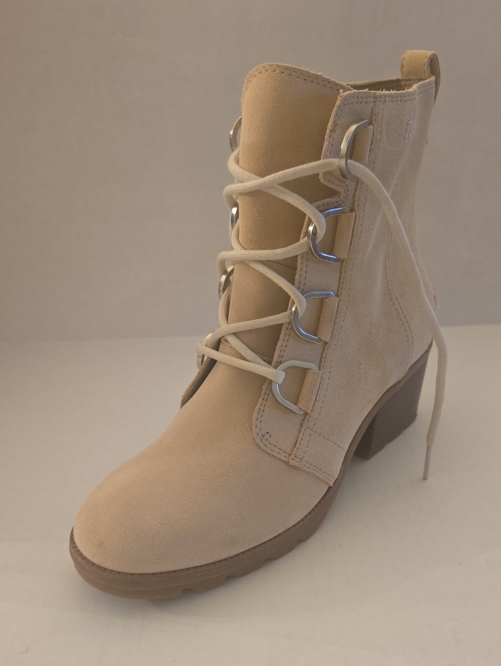 SOREL Cream Light Beige Suede Lace Up Heeled Ankle Boots Women’s